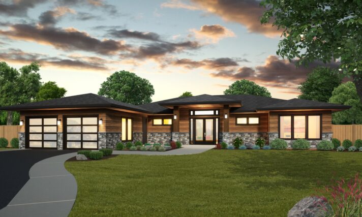 MODERN PRAIRIE ONE STORY HOUSE PLAN MSAP-2316 - PRAIRIE BREEZE TWILIGHT FRONT